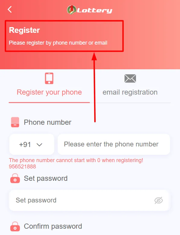 Tap the registration button in the 1 Lottery App 